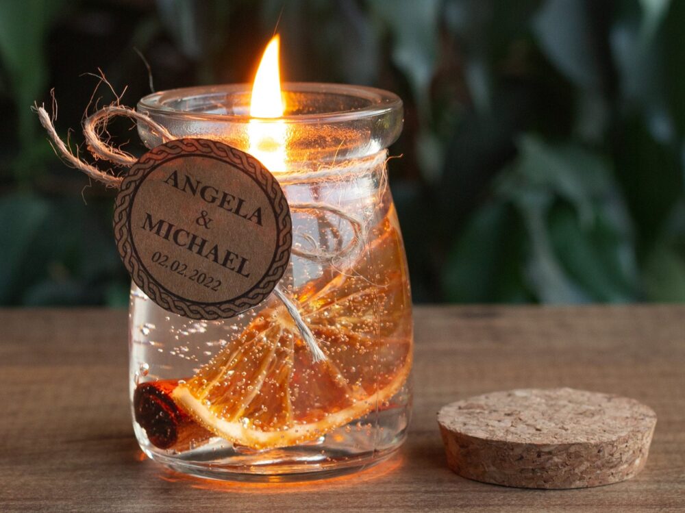 Personalized Wedding Favor Candle Dried Orange & Cinnamon, Elegant Glass Jar