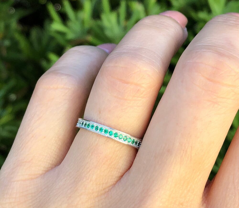 Green Emerald Eternity Band Ring. May Birthstone Sterling Silver Band. Sizes 4-10