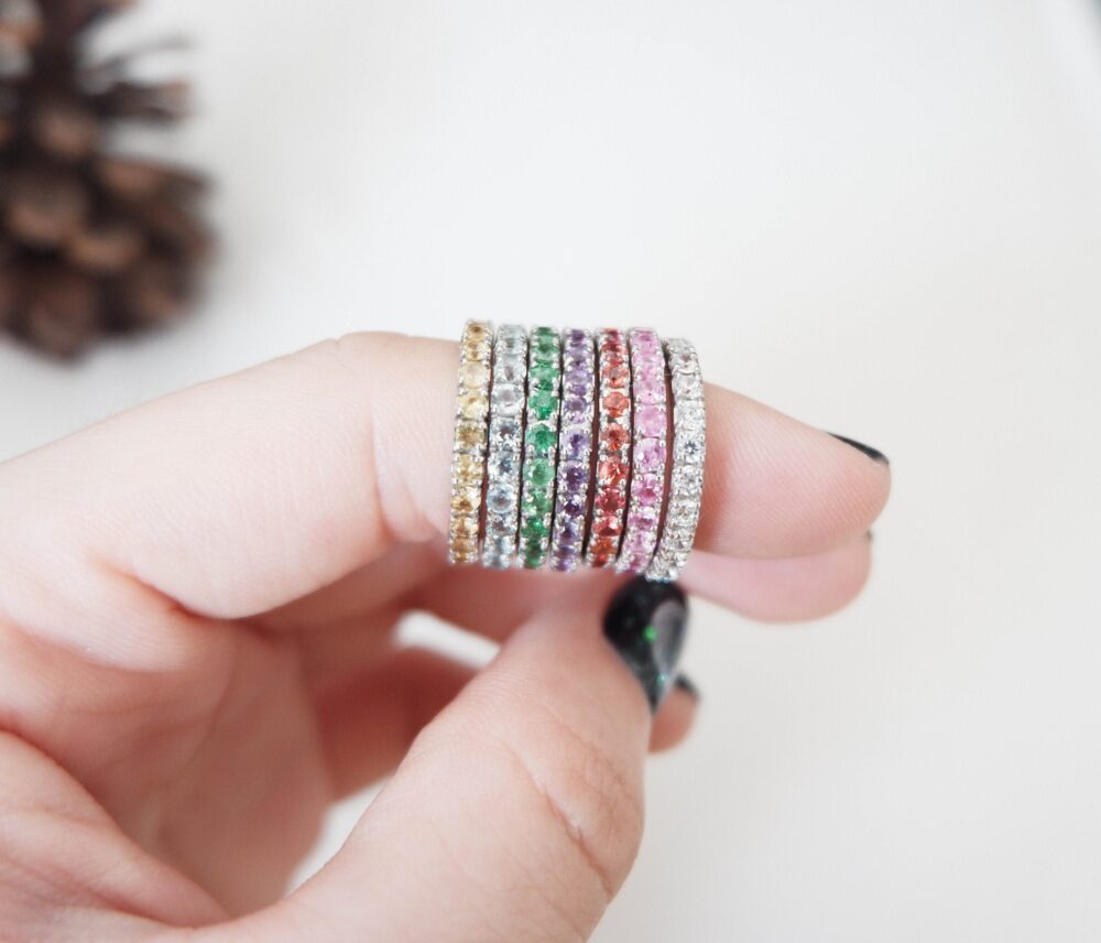 Gemstone Eternity Band Ring Silver, Gold, Pink Gold