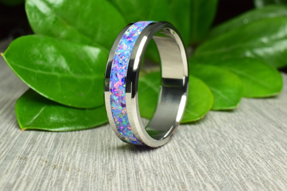 Wedding Ring, Stainless Steel Ring With Sky Blue & Royal Lavender Opal Mix, 8 Mm