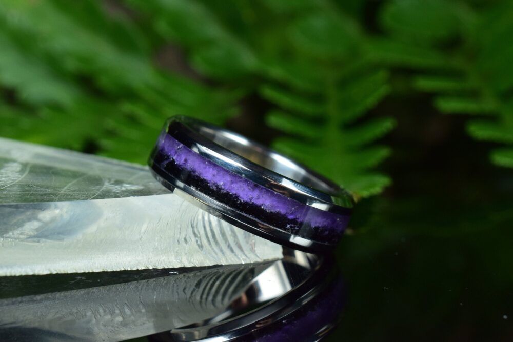 Wedding Ring, Stainless Steel Ring With Crushed Amethyst & Black Tourmaline Inlay