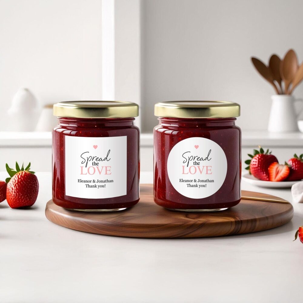 Spread The Love Jam Labels, Wedding Favors, Bridal Shower Customizable Jelly Stickers