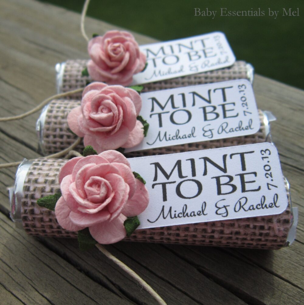 Personalized Mint Wedding Favors Burlap, Rose, Shabby Chic - Set Of 100