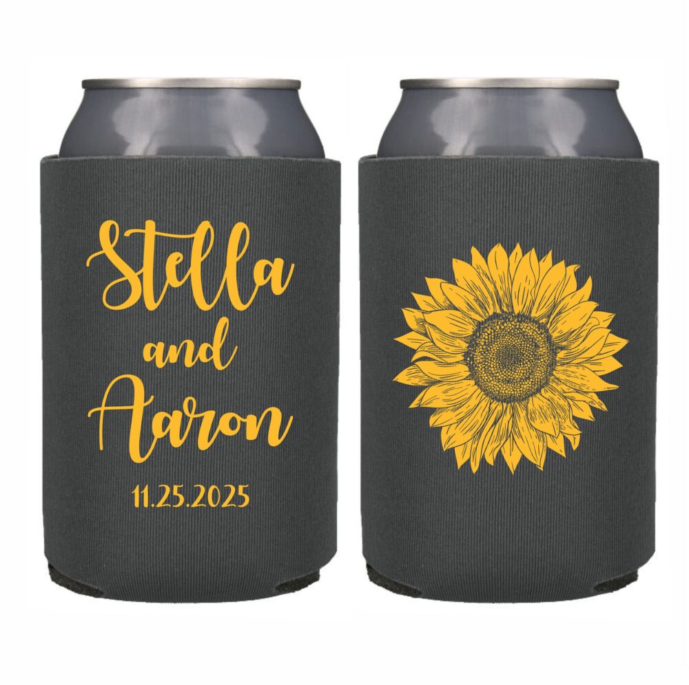 Sunflower Wedding Favor Can Cooler Personalized Theme Favor, Coolers, Custom Sun Flower