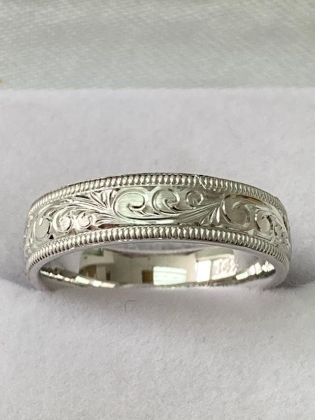Platinum Hand Engraved Mens Wedding Bands, Rings, His & Hers Bands, Band