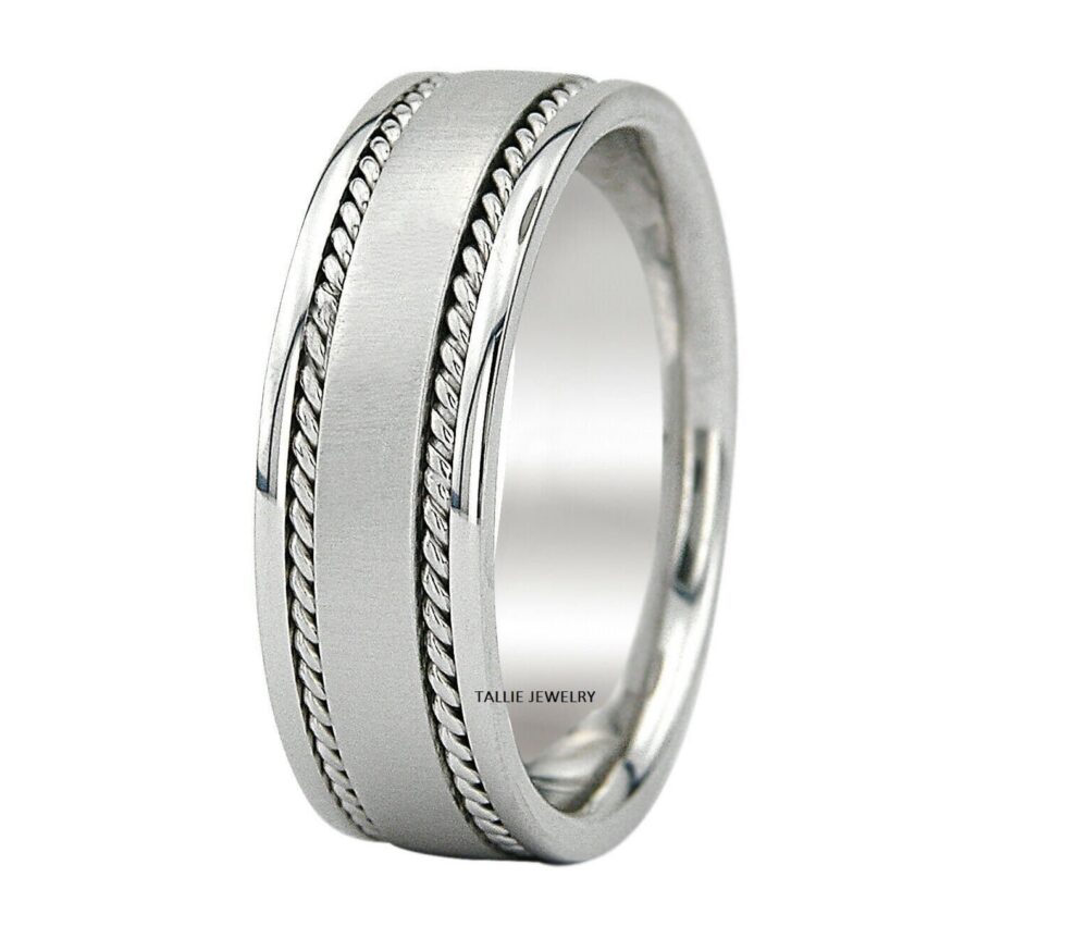 Platinum Mens Wedding Band, Ring, Brushed Finish Handmade Rope Braided Bands