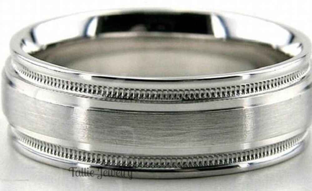 Mens Platinum Wedding Band, Ring, 7mm Satin Finish Milgrain Bands, Rings
