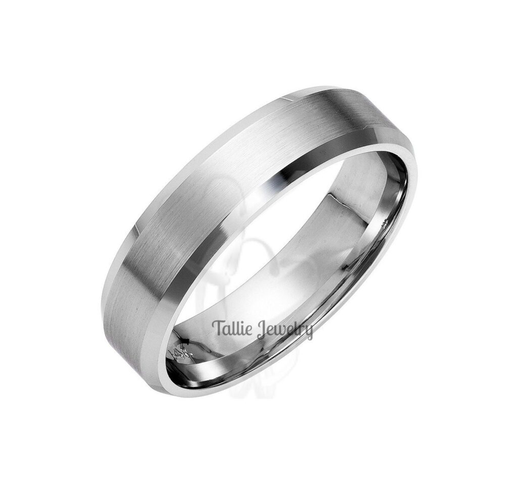 Platinum Wedding Bands, Ring 5mm Satin Finish Beveled Edge Mens & Womens Rings For Men