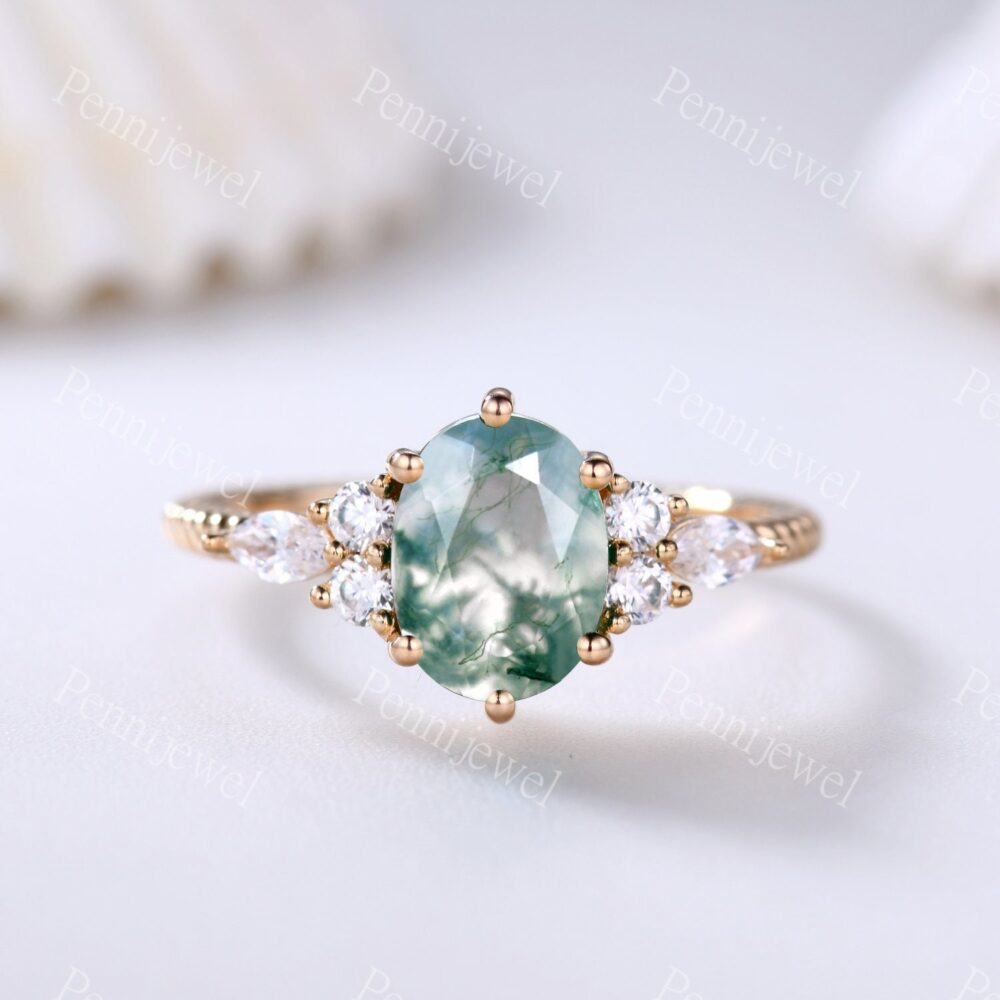 1.5 Carat Oval Cut Moss Agate Engagement Ring, Marquise Round Moissanite Ring, Yellow Gold Promise Ring Gift For Her