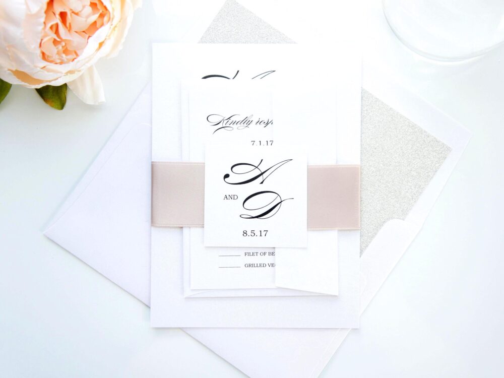 Calligraphy Wedding Invitation Elegant Script Printed Invitations Champagne Ribbon Suite