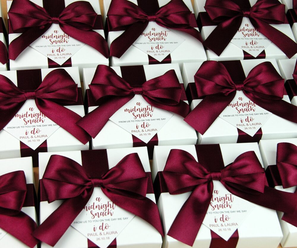 Wedding Favor Boxes With Wine Burgundy Satin Ribbon, Bow & Custom Tag, Elegant Personalized A Midnight Snack From Us To You Box For Guests
