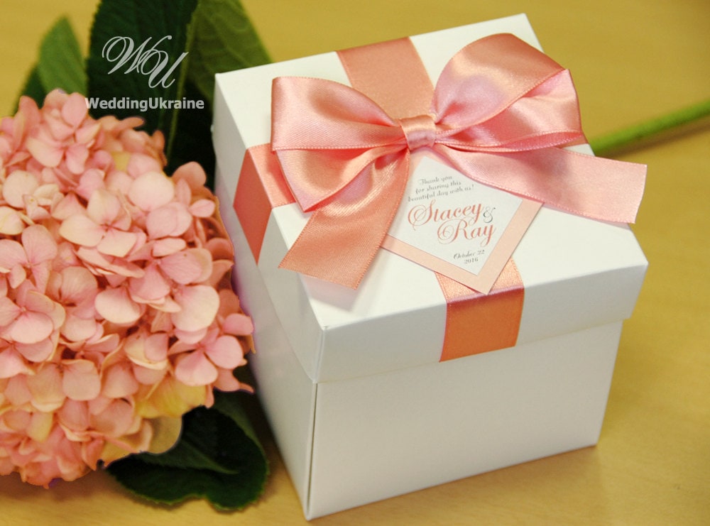 Wedding Gift Boxes With Blush Satin Ribbon, Bow & Tag - White Custom Personalized Weddings Favors Box Wit Your Names