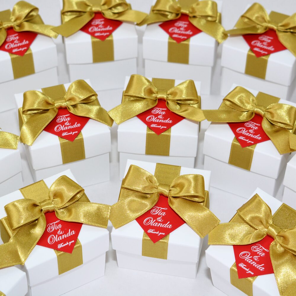 Red & Gold Wedding Favor Boxes With Satin Ribbon, Personalized Gift Box, Elegant Bonbonniere, Set Of 30