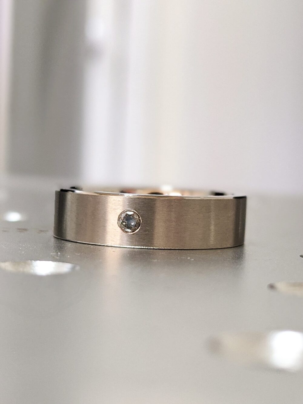 Salt & Pepper Diamond Titanium Ring Mens Wedding Band, Brushed White