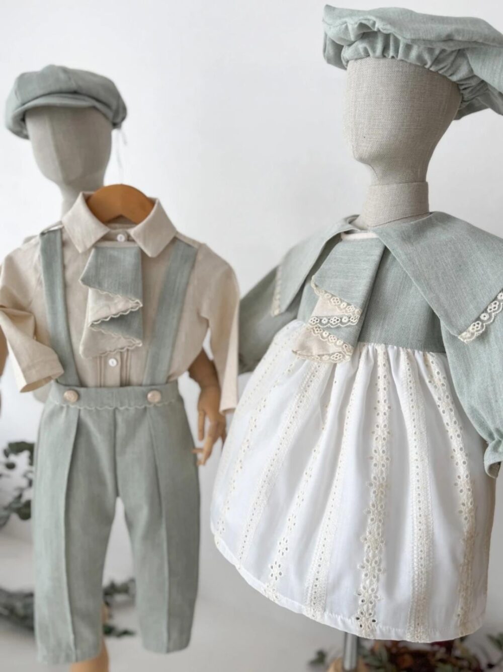 Personalized Sage Green Boys Linen Outfit Vintage Ring Bearer Suit, Girls Dress Outfit Suit