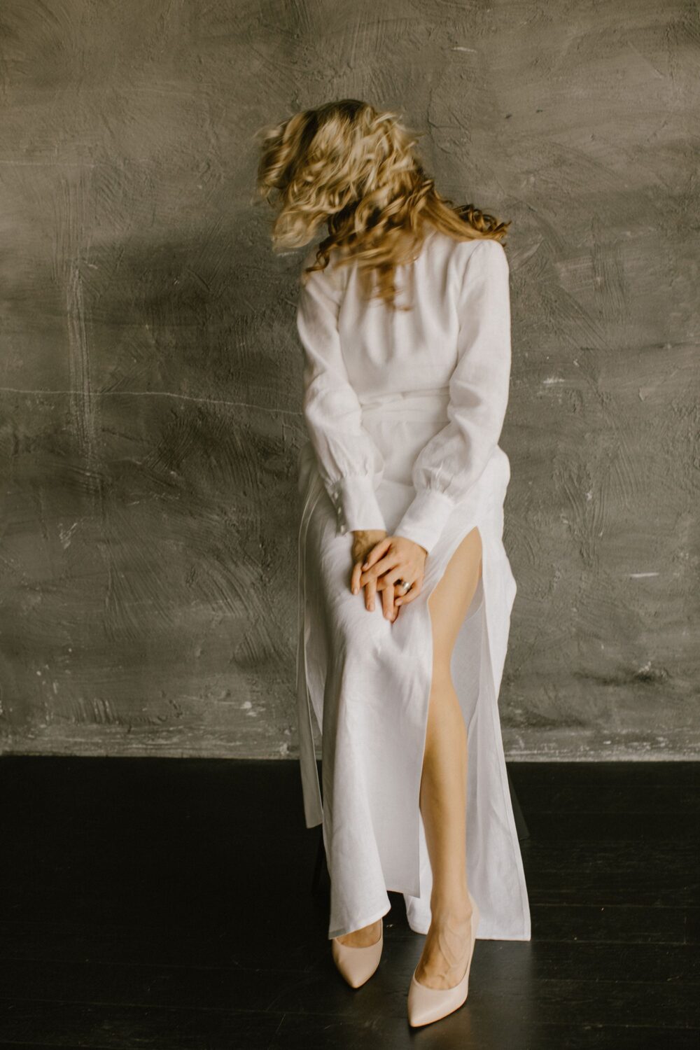 Long Sleeve Linen Wedding Gown/Slit Bridal Dress, Custom Fit Handcrafted