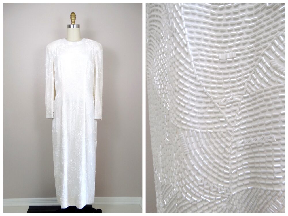 Heavily Beaded Wedding Gown // Couture Vintage White Bridal Dress Braxae