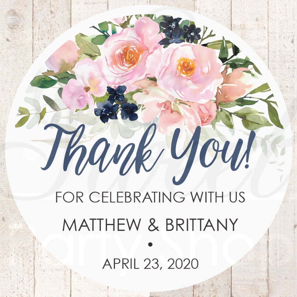 Wedding Favor Stickers, Thank You Sticker Labels, Bridal Shower Favors Pink Blush Navy Floral - Set Of 24