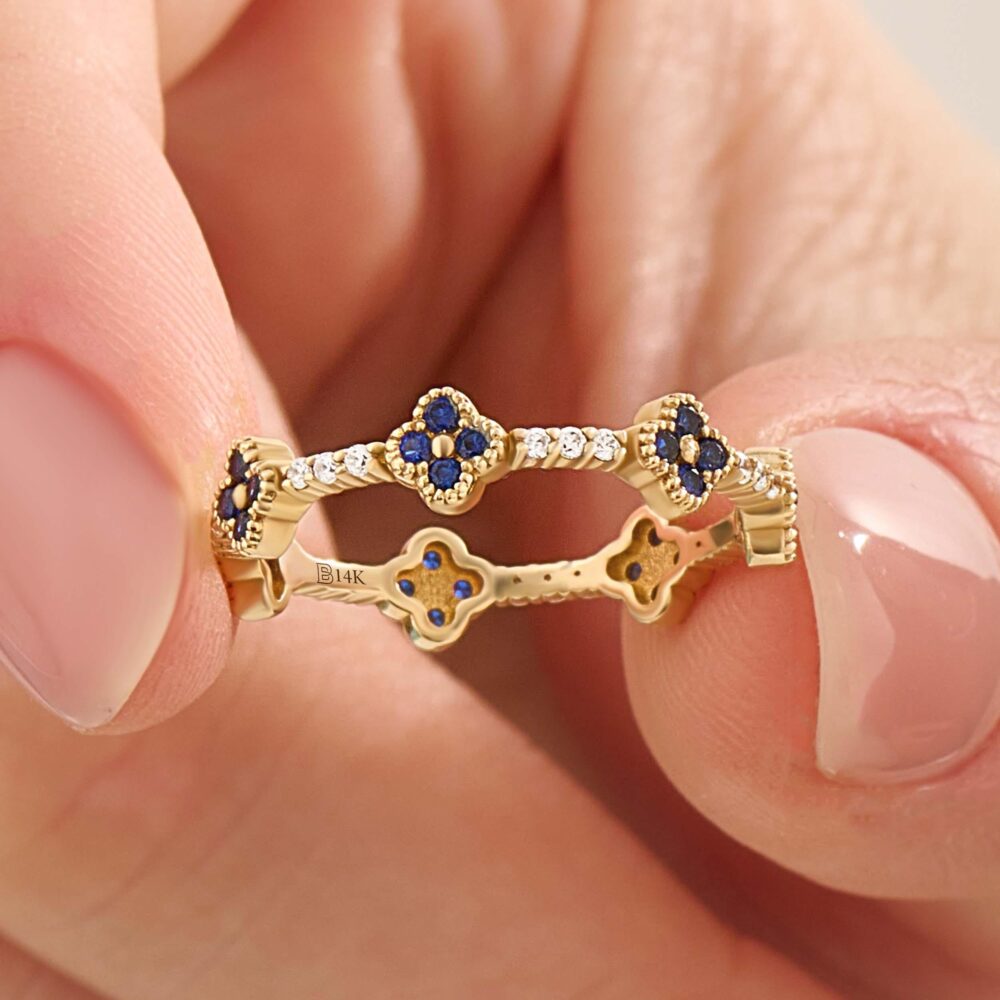 Lab Sapphire Blue Flower Wedding Ring 14K Solid Gold Eternity Band Pave Stackable Cross Detail Dainty Minimal Gift