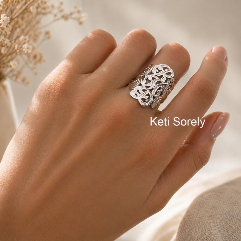 10K, 14K & 18K Or Sterling Silver Vertical Initials Ring in White, Rose Yellow Gold, Gift For Mother, Daughter, Sister