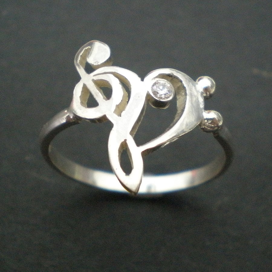 Silver Music Note Heart Birthstone Ring - Treble Clef Bass Ring, Mother, Mom, Best Friend, Coworker, Daughter, Musician, Sister