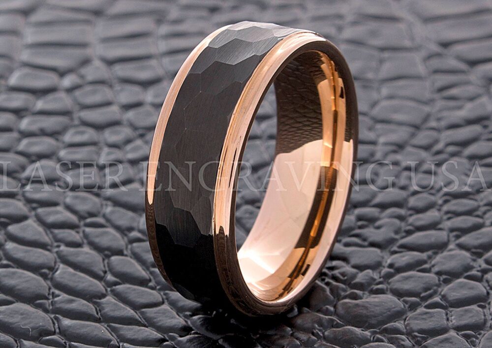 Black Hammered Wedding Ring, Tungsten Carbide Band, 14K Rose Gold Women's Engagement Ring