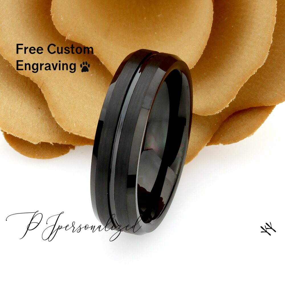 Tungsten Ring, Women's Wedding Band, Black Ring Anniversary 6mm Grooved