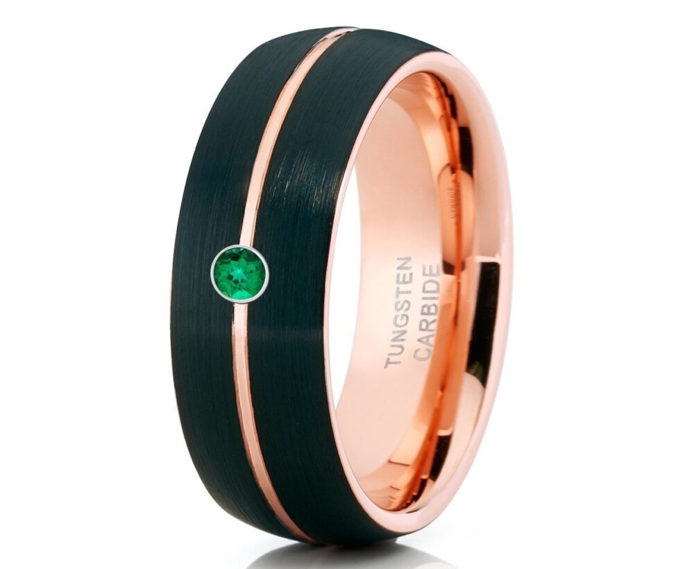 Emerald Wedding Band, Rose Gold Black Ring, Tungsten Carbide Band, Engagement Ring, Anniversary Band, Dome Classic Shape, Comfort Fit, Unique Ring