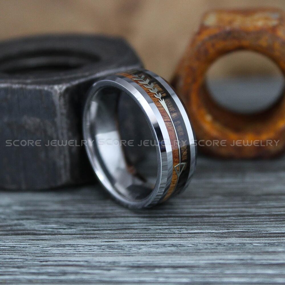 Wood Ring, Wedding Band, Silver Tungsten Ring With & Arrow Inlay, Summer