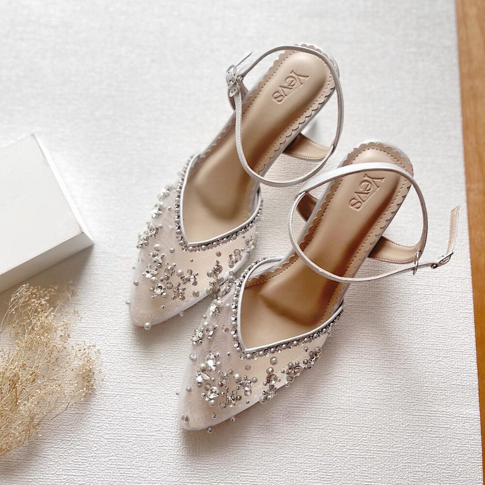 Silver Pearl Beaded Transparent Wedding Shoe, Classy Elegant Bridal Heels, Evening Party Sheer Tulle Pumps