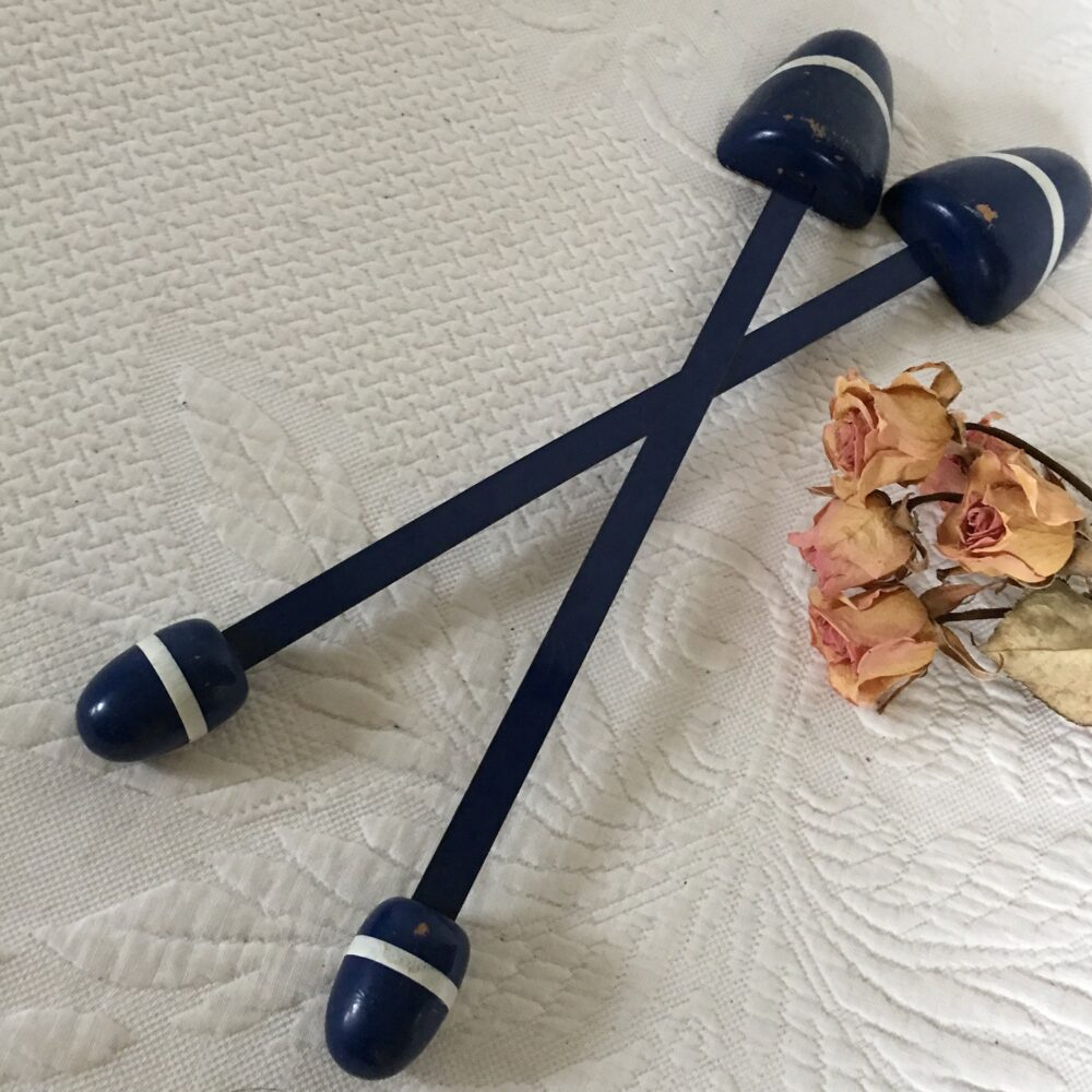 Vintage Nautical Shoe Stretcher Pair. Navy Blue With White Stripe Designs On These Wood & Metal Stretchers