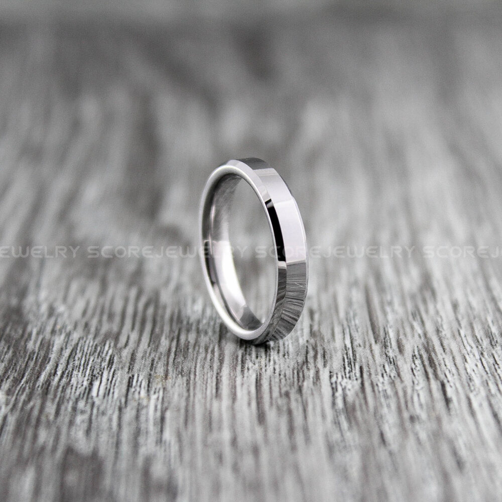 Silver Tungsten Wedding Band 4mm With Beveled Edge Band, Ring, Tungsten, Ring