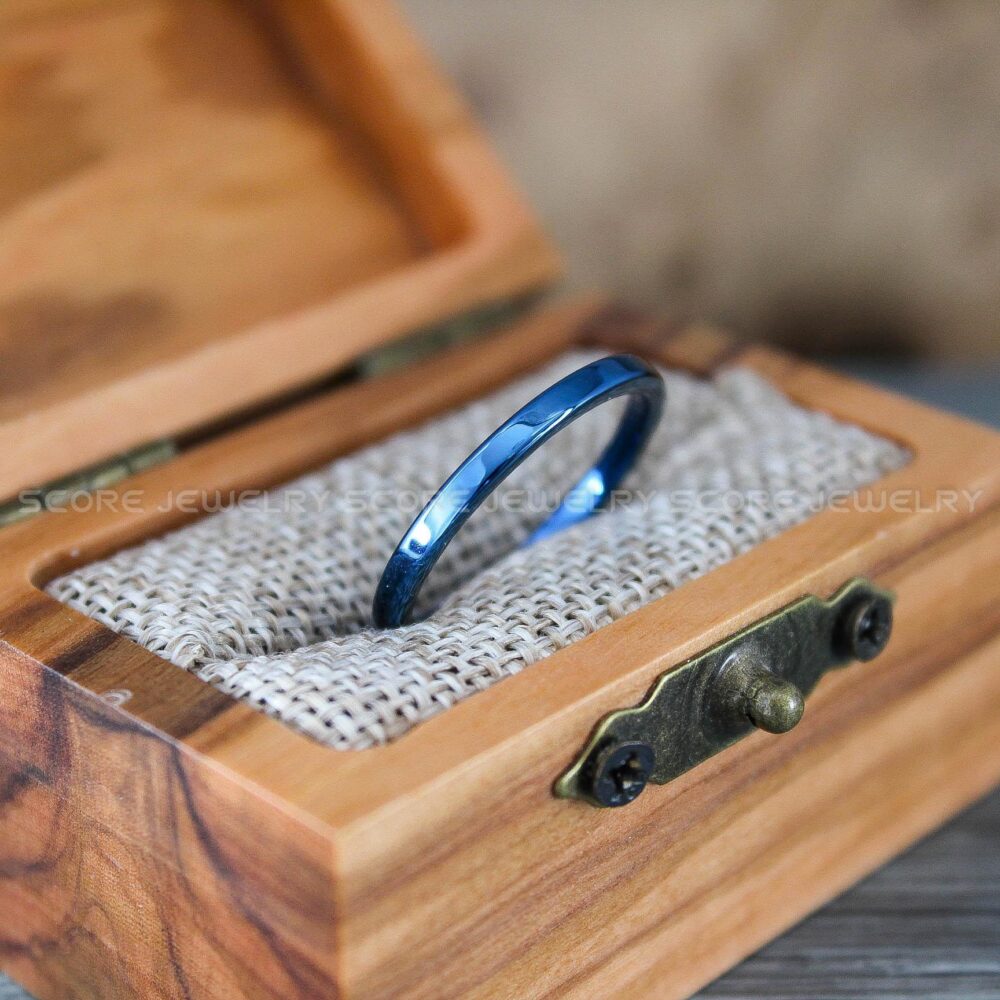 Blue Wedding Ring, 2mm Tungsten Band With Flat Edge