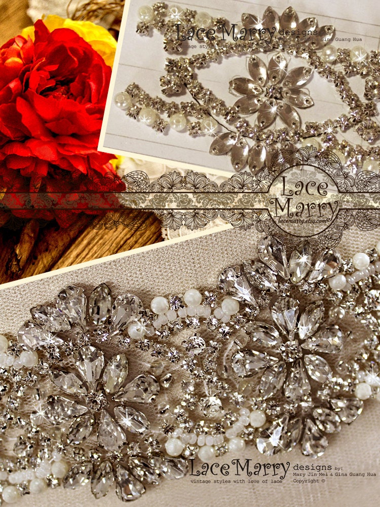Handmade Rhinestone & Pearl Wedding Belt - Floral Bridal Sash