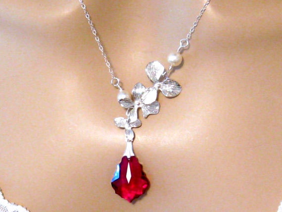 Red Orchid Wedding Necklace, Swarovski Bridal Jewelry, Pearl Accessory, Jewelry
