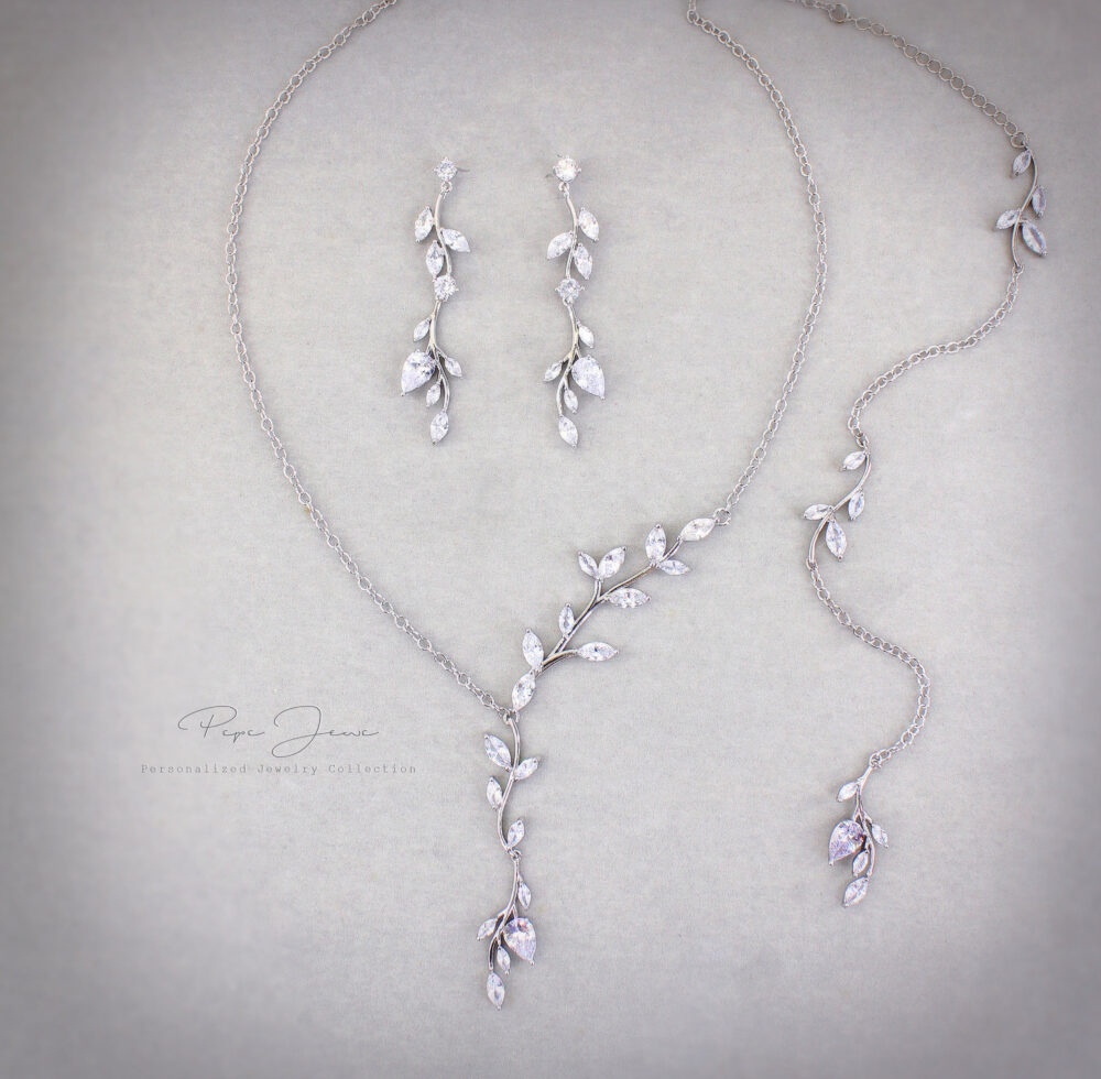Vine Wedding Necklace Leaf Backdrop Necklace Zircon Bridal Jewelry Crystal Bridesmaid Earrings Gift Eva