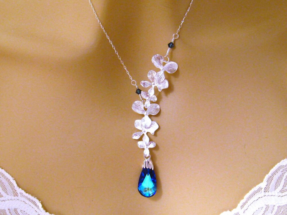 Blue Wedding Necklace, Peacock Jewelry, Bridal Necklace Orchid Flower Crystal Jewelry Bridesmaid Gift