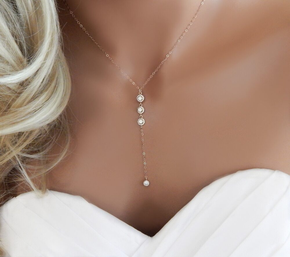 Handmade Cz Lariat Wedding Necklace Rose Gold Bridal Jewelry