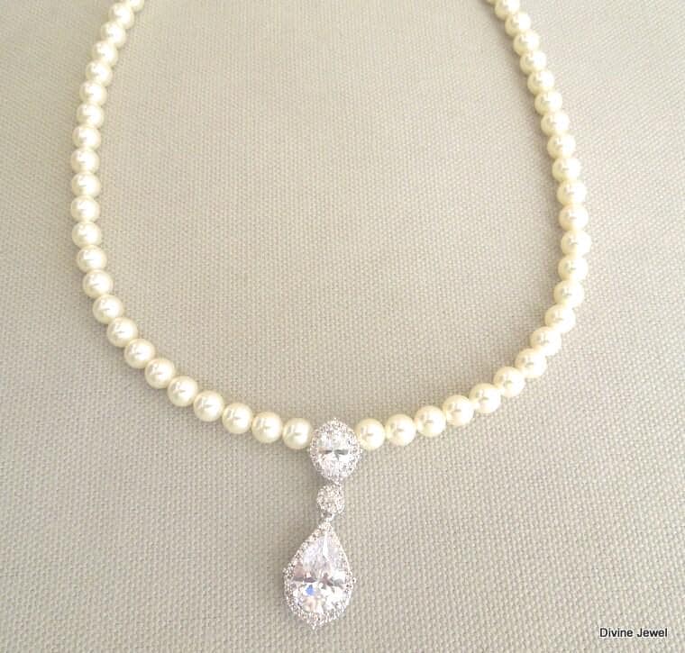 Pearl Wedding Necklace With Cubic Zirconia Teardrop Pendant, Vintage Style Bridal Jewelry, Addy