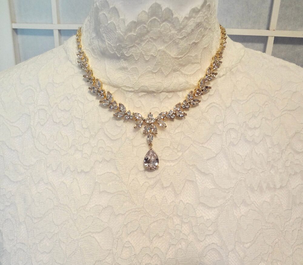 Wedding Necklace With A Backdrop For Bride Cz Marquise Leaf Back Bib Mother Of The Bridal Jewelry Lilly