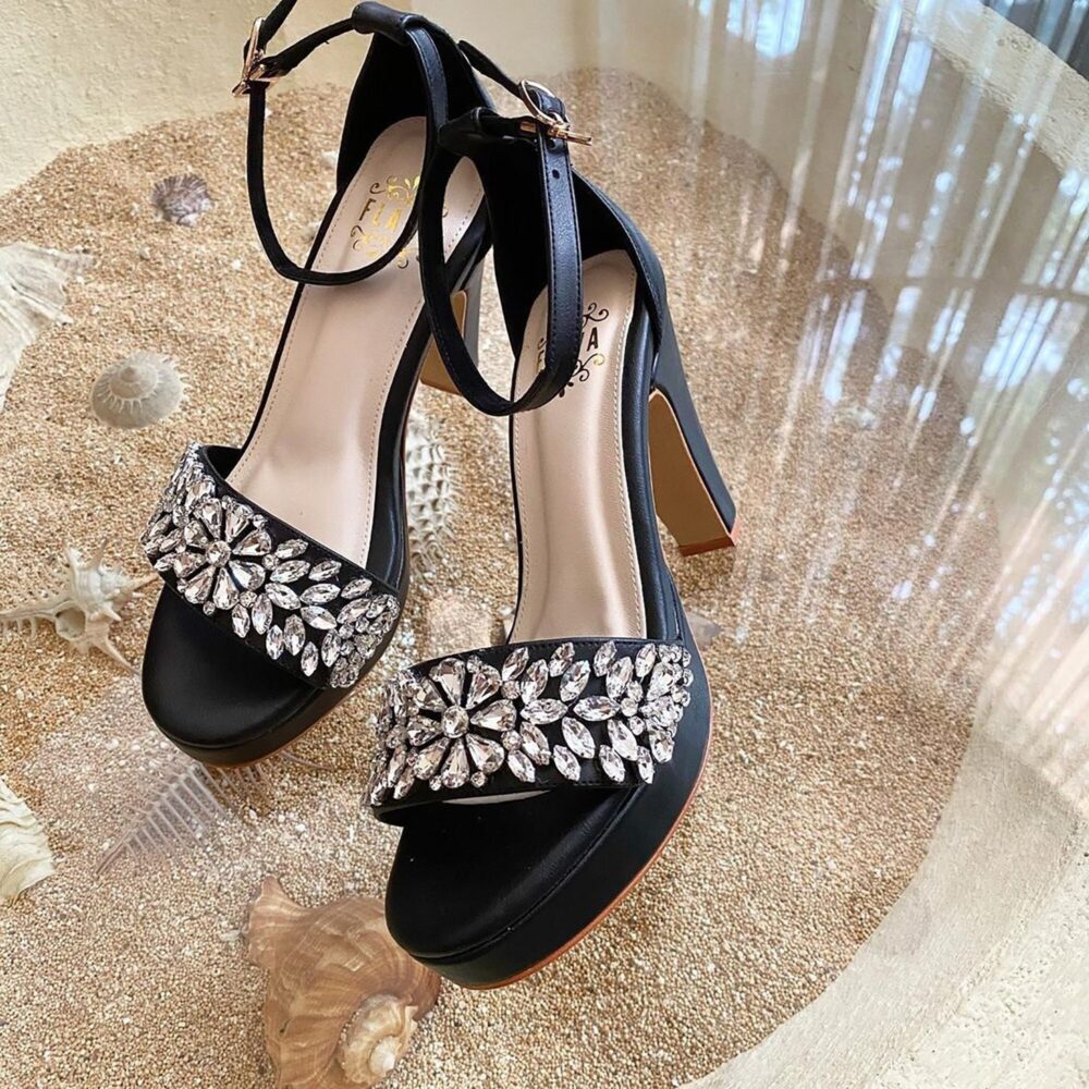Rhinestone Party High Heels, Crystal Beaded Block Heel Sandal, Simple Prom Elegant Bridal Shoes, Classy Evening Open Toe Heels