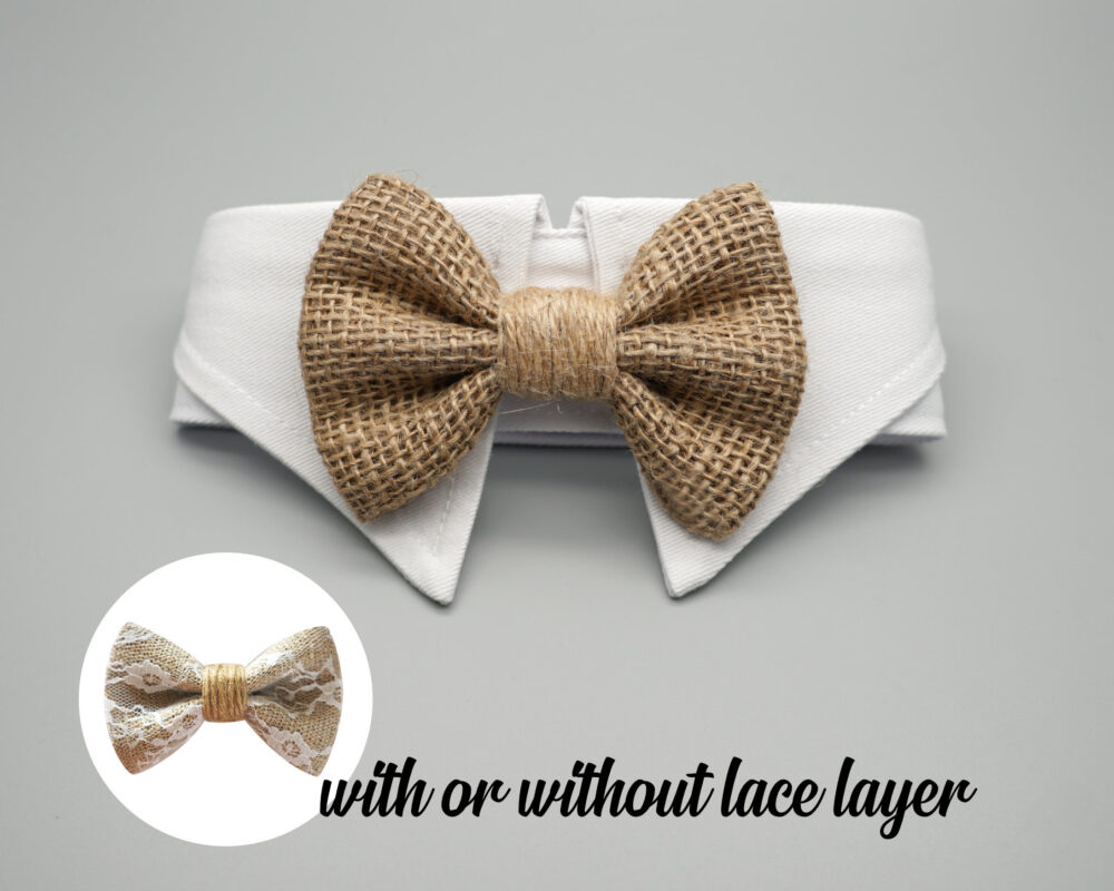 Burlap Dog Bow Tie Collar, Burlap Wedding Tuxedo & Lace Tie, Rustic Wedding, Woodland Bowtie