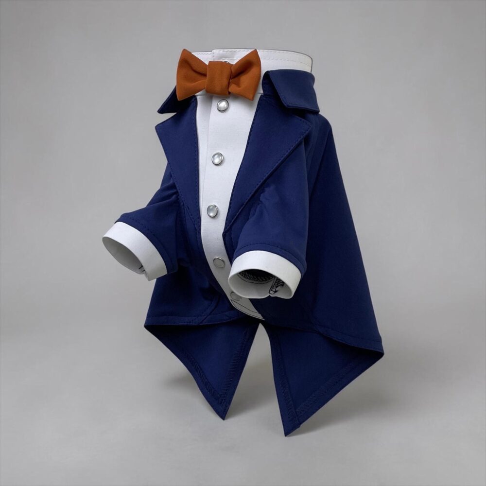 Navy Dog Tuxedo Custom Wedding Attire With Cinnamon Bow Tie