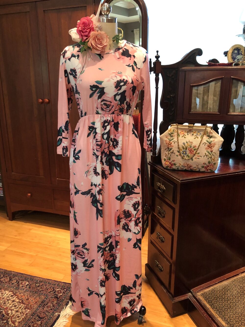 80's Pink Floral Maxi/80's Dresses/Vintage Flower Print Maxi Dress/Vintage Pink Dress/80's Dress/Pink Dress/Mint Condition
