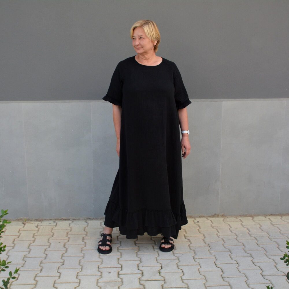 Plus Size Black Cotton Gauze Maxi Dress, Ruffle Summer Evening Formal Dress