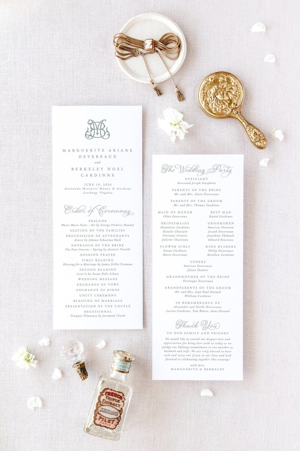 Elegant Wedding Program, Floral Programs With Monogram, Catholic Order Of Service For | Marguerite