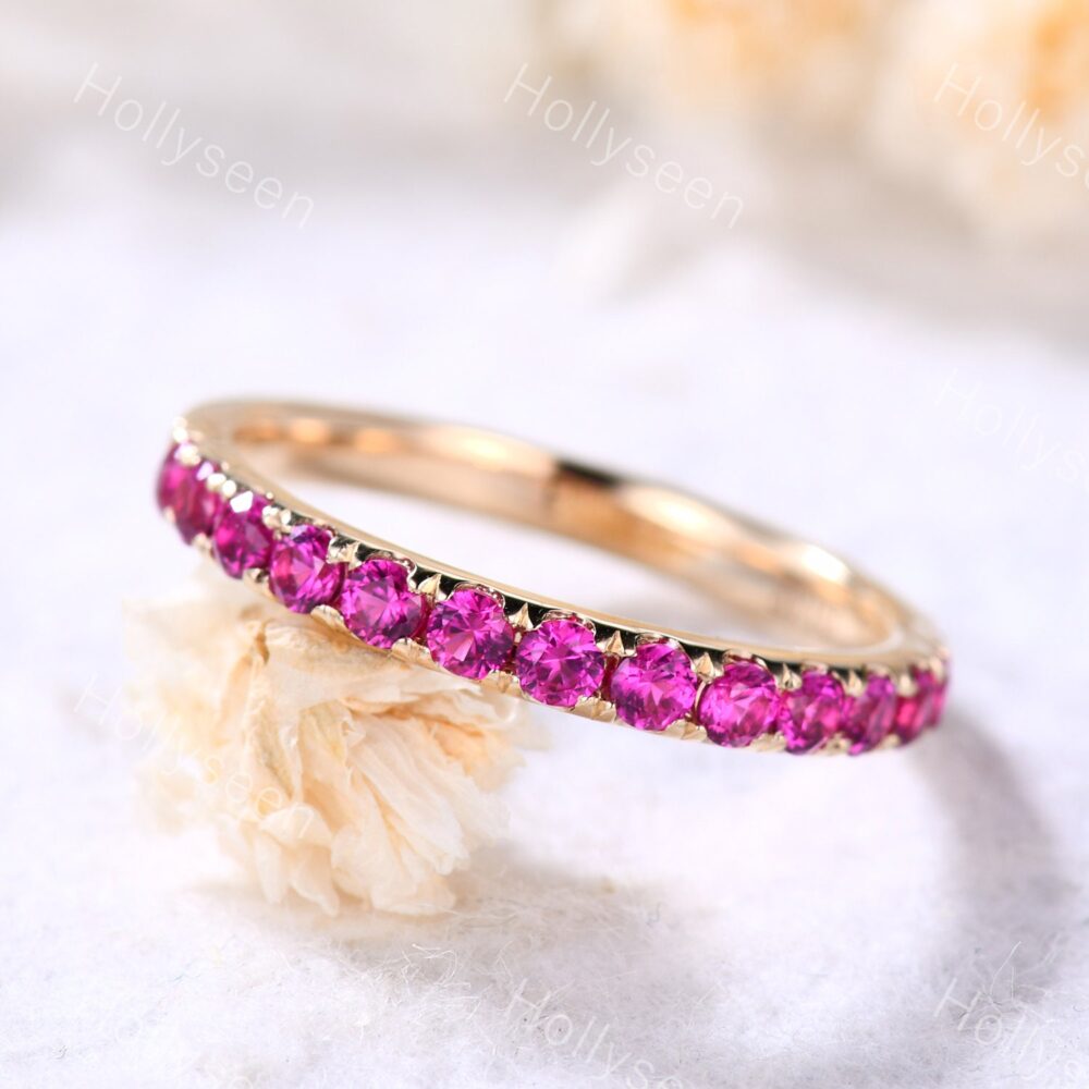 Ruby Wedding Band 14K Rose Gold Half Eternity Sterling Silver July Birthstone Red Stone Stacking Ring Simple Stackable Bridal Promise