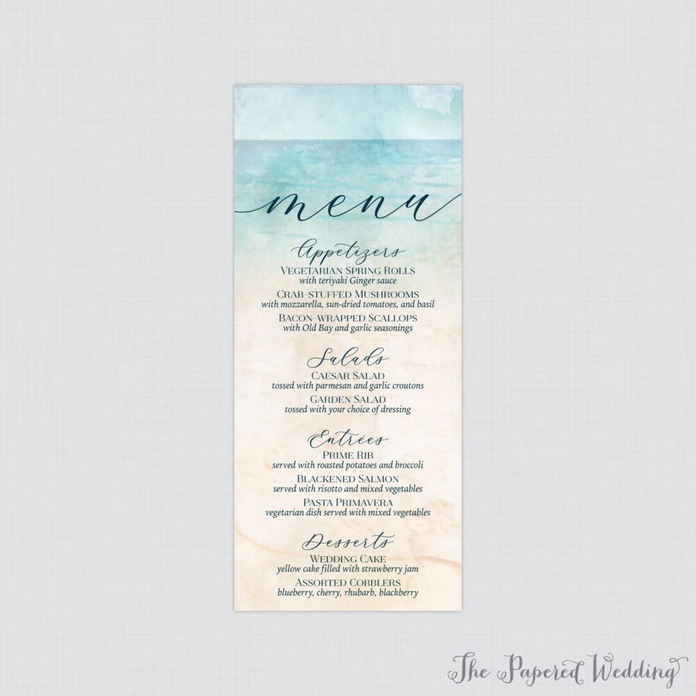 Printable Or Printed Beach Wedding Menu Cards - Watercolor Themed Summer Ocean Sand Sea Personalized 0035