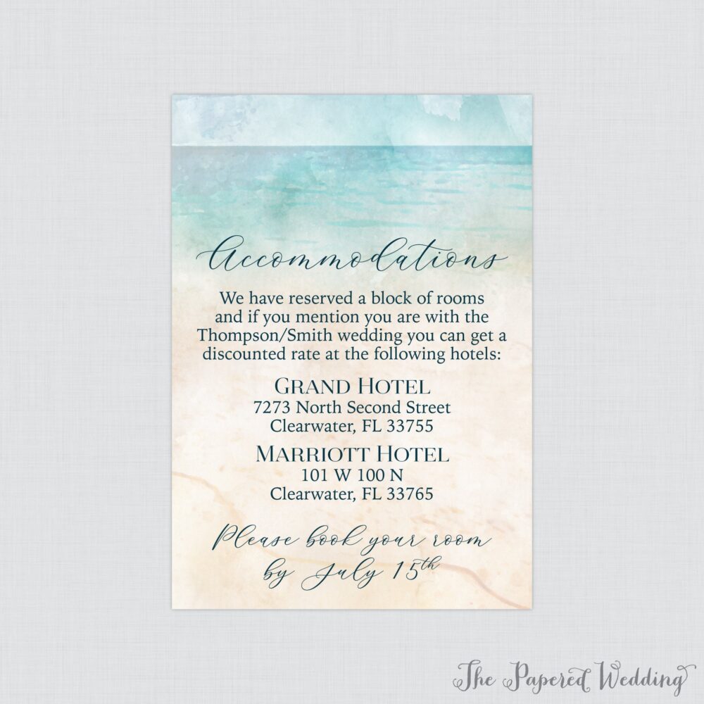Printable Or Printed Beach Wedding Accommodation Cards - Watercolor Themed Hotel Insert Ocean & Sand 0035