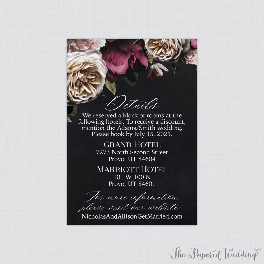 Printable Or Printed Moody Wedding Details Cards With Burgundy, Pink, & Cream Flowers - Dark Realistic Floral Inserts 0025